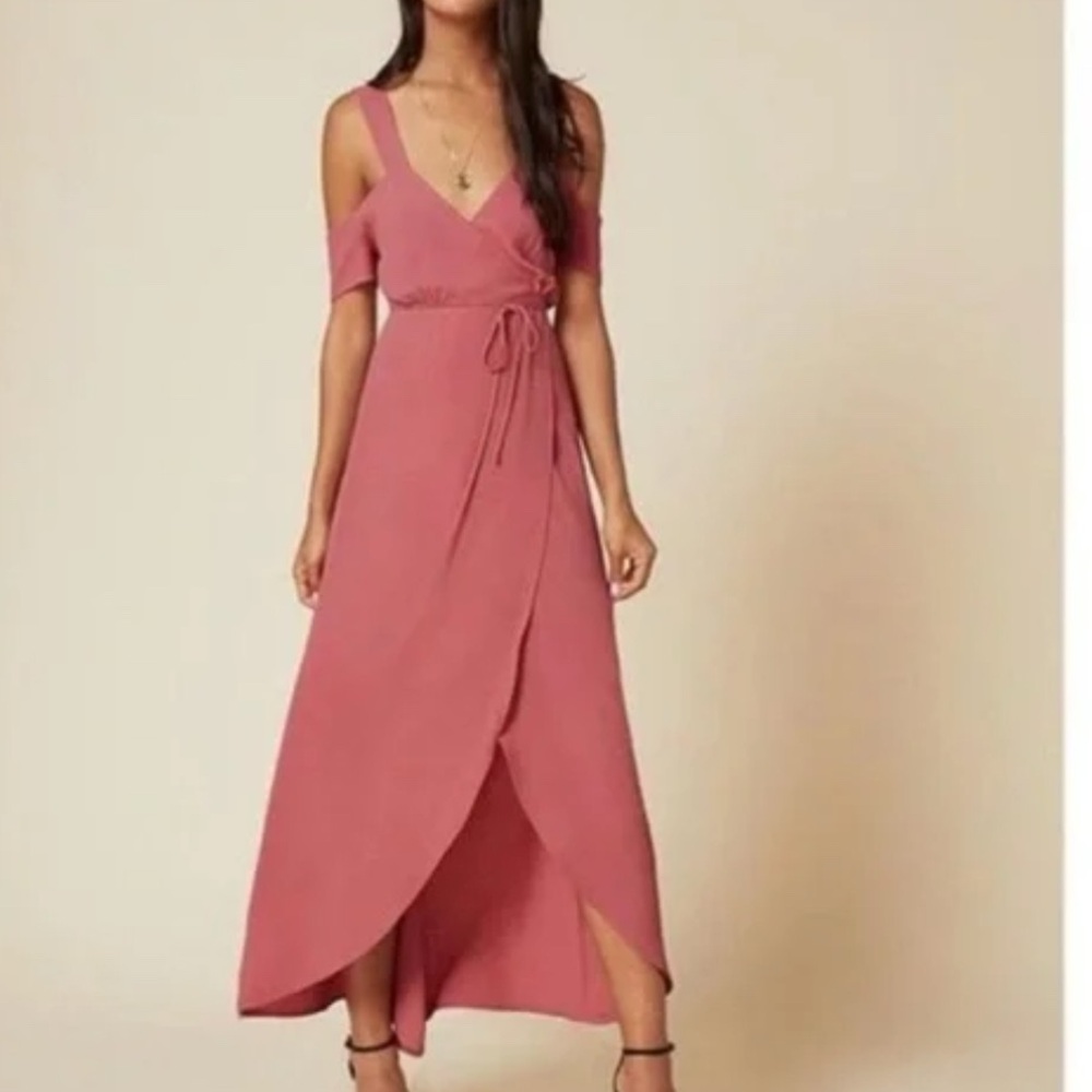 NWOT REFORMATION JULES PINK OFF SHOULDER MAXI WRAP DRESS W/ FRONT SLIT S…